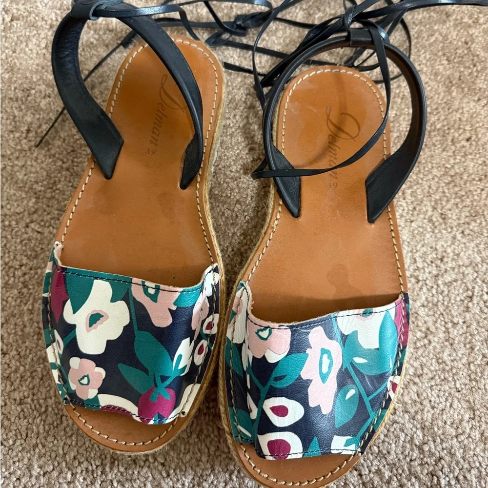 Delman Floral Espadrille Platform Sandals | Ankle Tie | Size 8